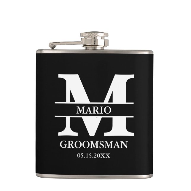 Custom Groomsman Best Man Wedding Monogram Black  Flask (Front)