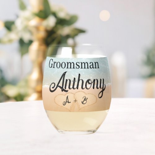 Custom Groomsman gift  Beach Wedding Heart Sand Stemless Wine Glass