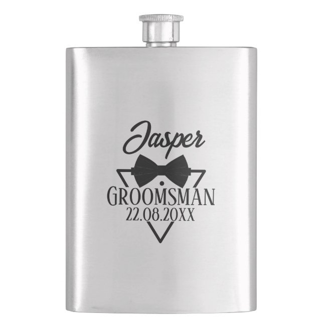 Custom Groomsman Name Bow Tie Wedding Party Gift Flask (Front)