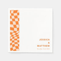 Custom Groovy Retro Orange Checkerboard Wedding