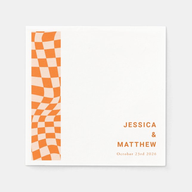 Custom Groovy Retro Orange Checkerboard Wedding Napkins (Front)