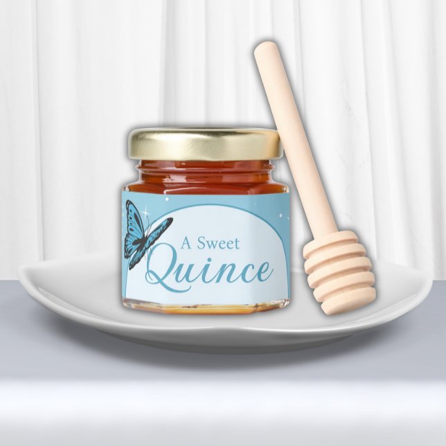 Custom Guest Gifts - Edible Light Blue Quinceañera Honey Jar Favors (Dreamy Blue Butterfly Quinceanera)