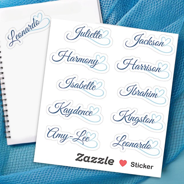 Custom Guest List 10 Names Blue Calligraphy Heart Sticker (Creator Uploaded)