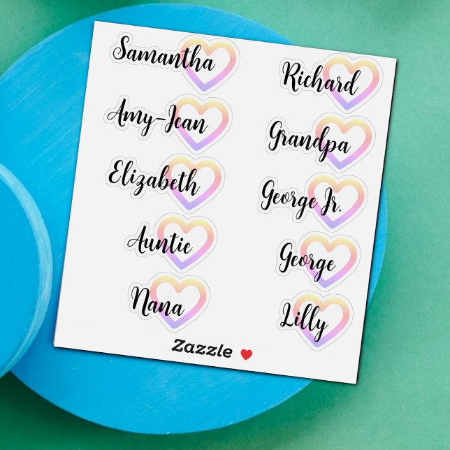 Custom Guest List 10 Names Calligraphy Ombre Heart Sticker (Creator Uploaded)