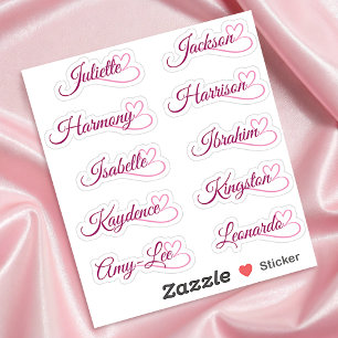 Custom Guest List 10 Names Pink Calligraphy Heart Sticker