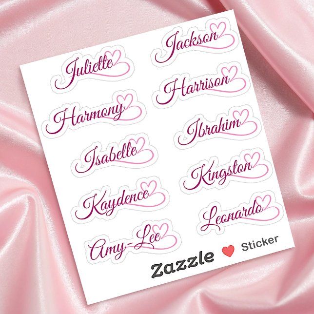 Custom Guest List 10 Names Pink Calligraphy Heart Sticker (Creator Uploaded)