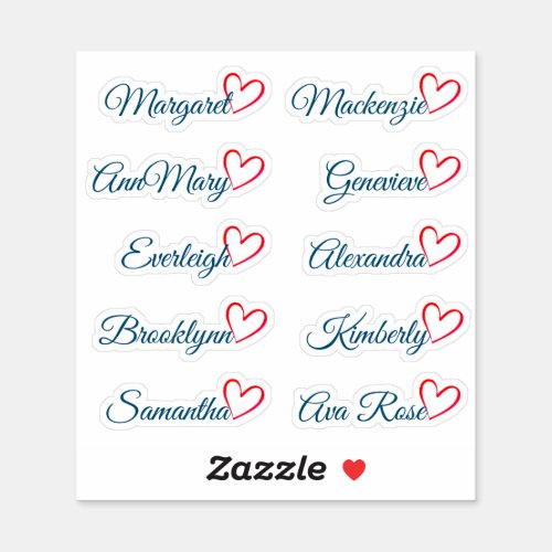 Custom Guest List 10 Names Red Calligraphy Heart   Sticker