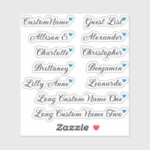 Custom Guest List 12 Names Calligraphy Blue Heart Sticker