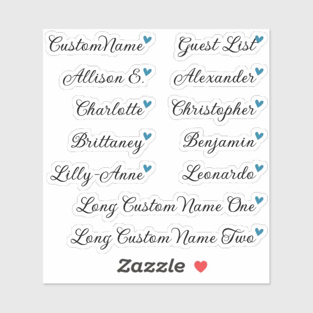 Custom Guest List 12 Names Calligraphy Blue Heart Sticker (Sheet)