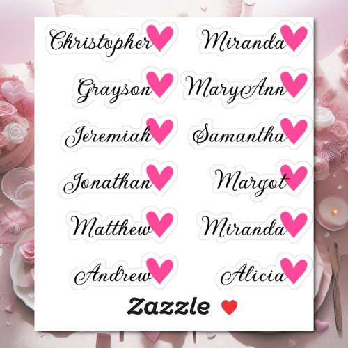 Custom Guest List 12 Names Calligraphy Pink Heart Sticker
