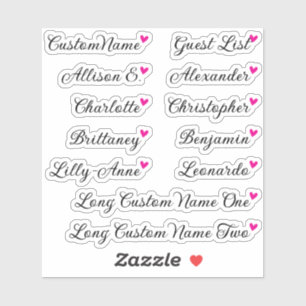 Custom Guest List 12 Names Calligraphy Pink Heart Sticker