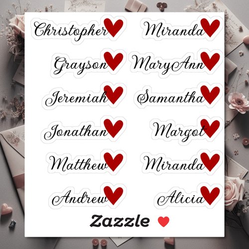Custom Guest List 12 Names Calligraphy Red Heart Sticker