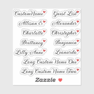 Custom Guest List 12 Names Calligraphy Red Heart Sticker