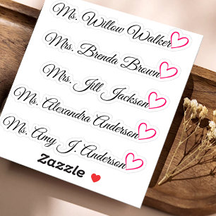 Custom Guest List 5 Long Names Calligraphy Heart   Sticker