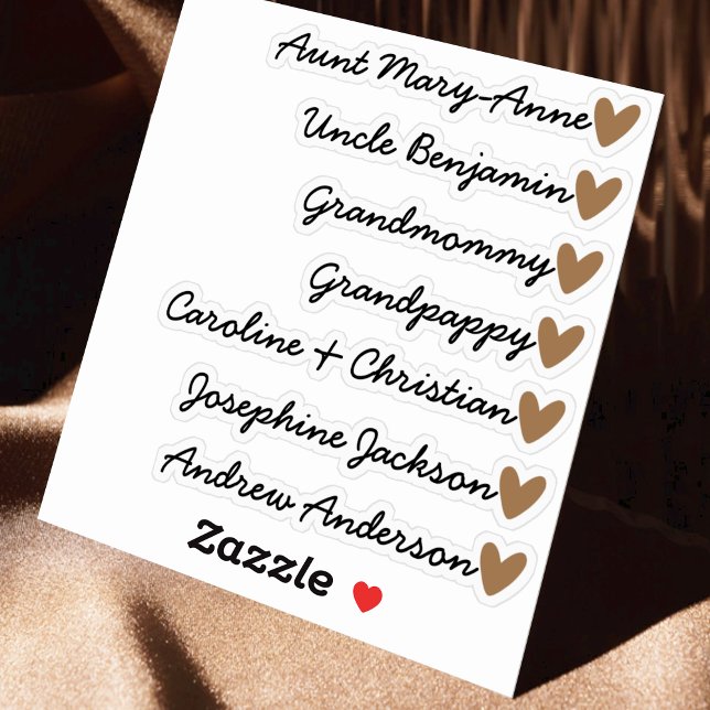 Custom Guest List 7 Names Calligraphy Brown Heart Sticker (Creator Uploaded)