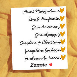 Custom Guest List 7 Names Calligraphy Orange Heart Sticker
