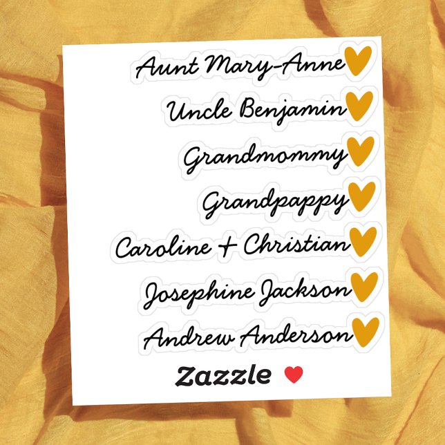 Custom Guest List 7 Names Calligraphy Orange Heart Sticker (Creator Uploaded)