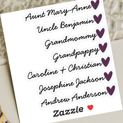 Custom Guest List 7 Names Calligraphy Purple Heart Sticker