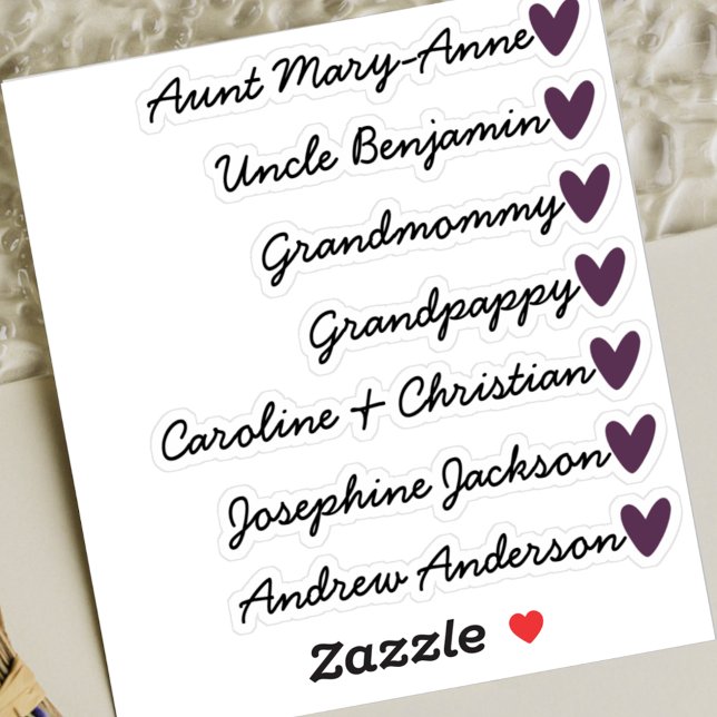 Custom Guest List 7 Names Calligraphy Purple Heart Sticker (Creator Uploaded)