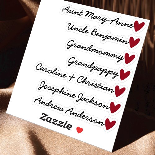 Custom Guest List 7 Names Calligraphy Red Heart Sticker