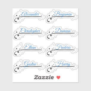 Custom Guest List 8 Names Blue Calligraphy Stars Sticker