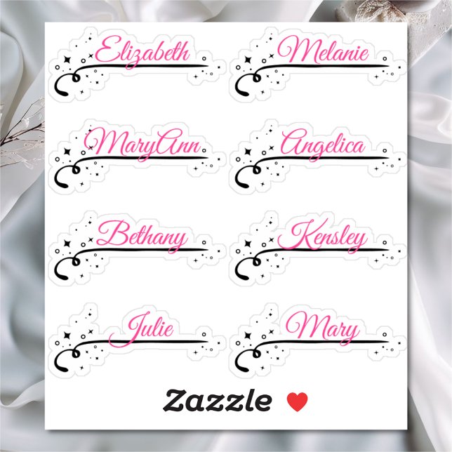Custom Guest List 8 Names Pink Calligraphy Stars Sticker (Creator Uploaded)