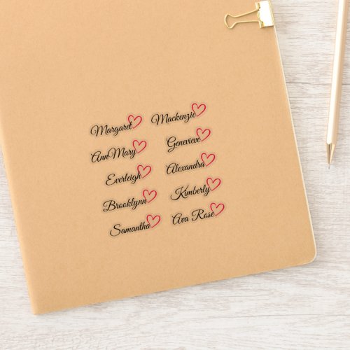 Custom Guest List Names Pink Calligraphy Heart   Sticker