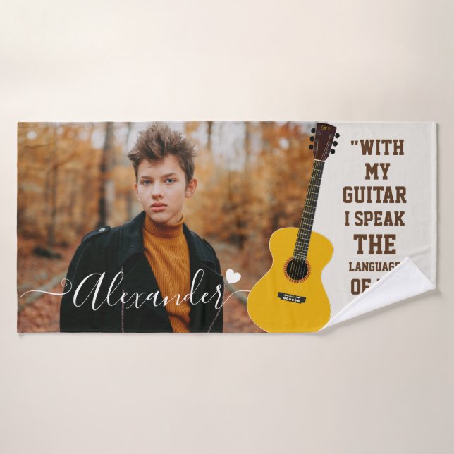 Custom Guitar Lover Photo Gift with Name Bath Towel (Bath Towel)