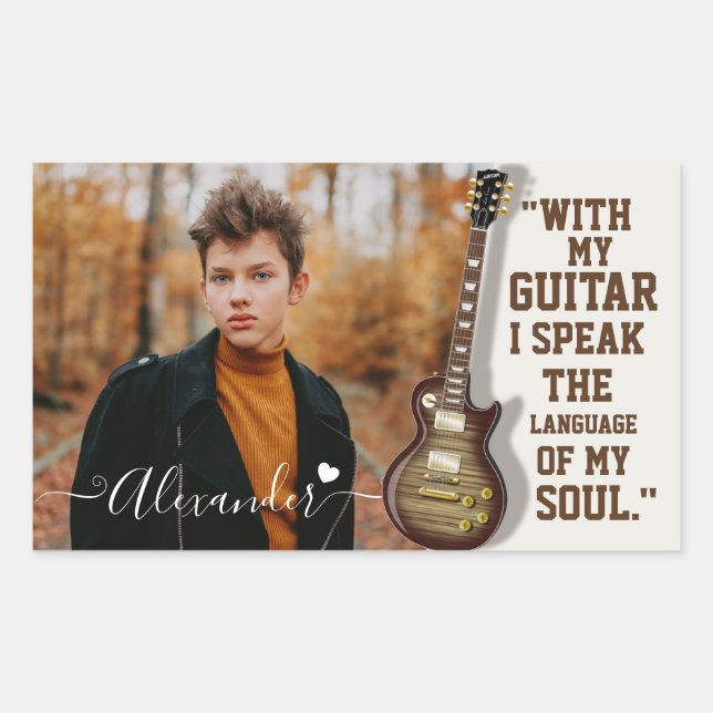 Custom Guitar Lover Photo Gift with Name Rectangular Sticker (Front)