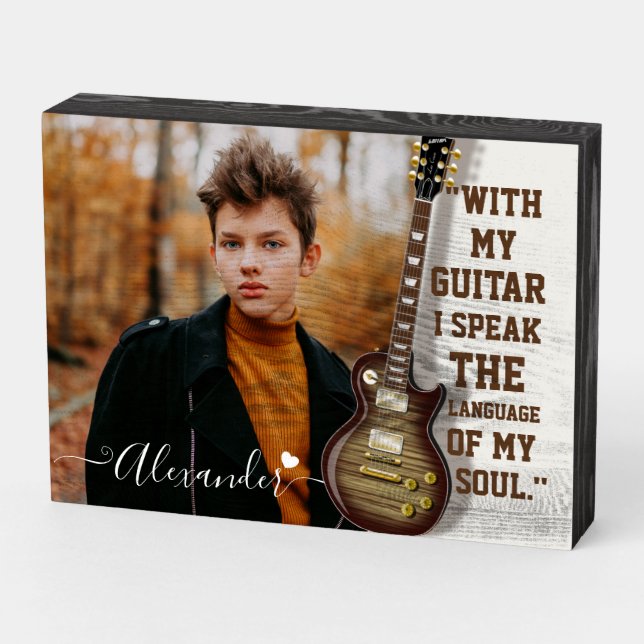 Custom Guitar Lover Photo Gift with Name Wooden Box Sign (Angled Horizontal)