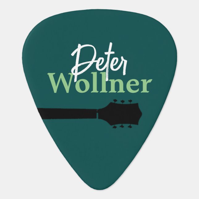 Custom Guitar Player Name on a Cool Green Pick (Front)