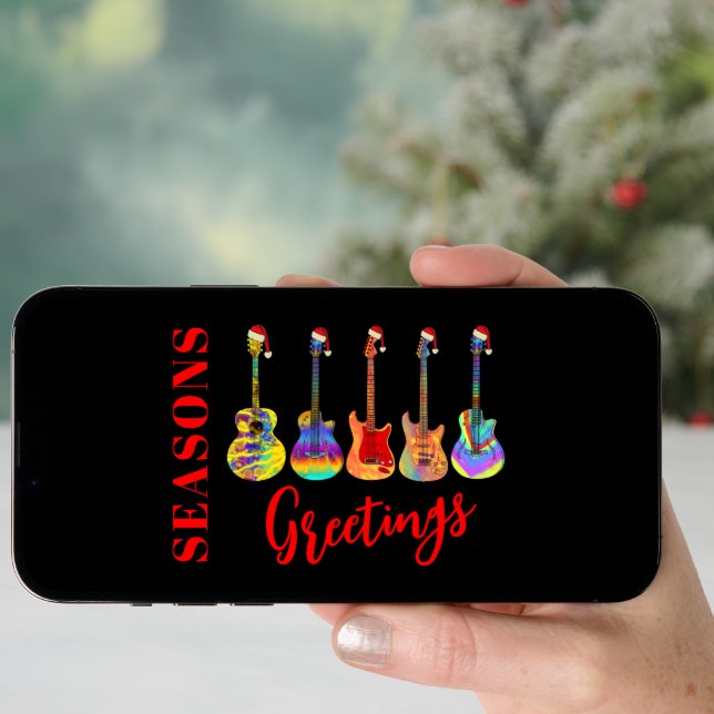 Custom Guitar Wearing Santa Hats Seasons Greetings Holiday Card (Front Digital)