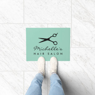 Custom hair salon doormat with barber scissor logo