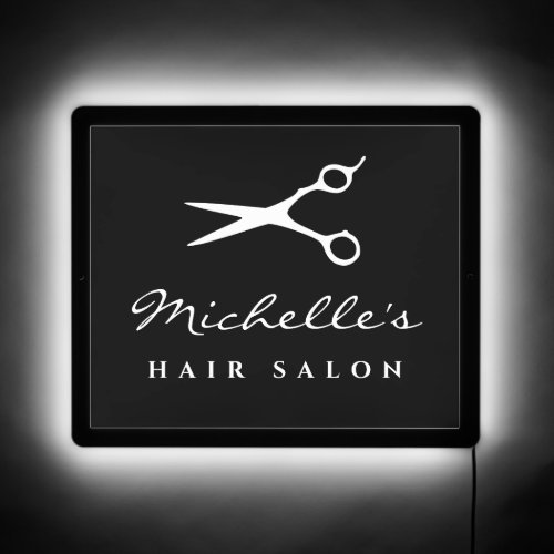 Custom hair salon LED sign with barber scissors