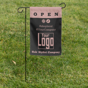 Custom Hair Salon Logo Black Pink Open SM Garden Flag