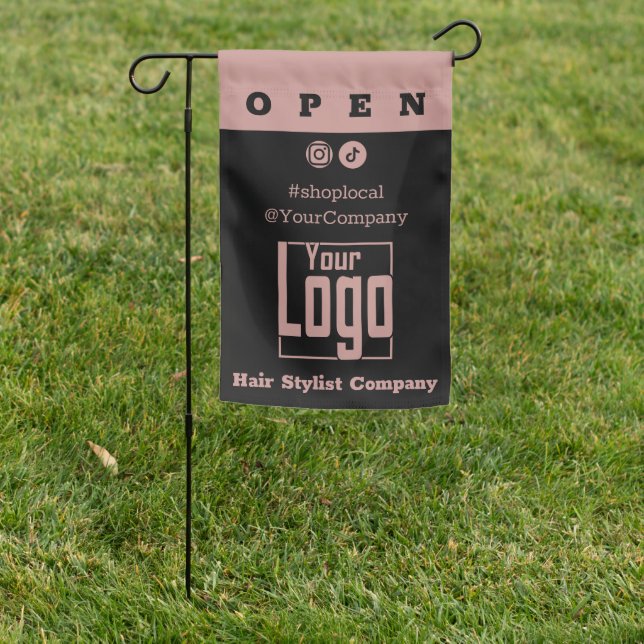 Custom Hair Salon Logo Black Pink Open SM Garden Flag (In SItu)