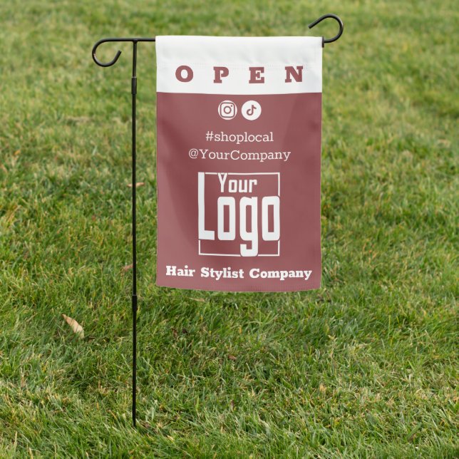 Custom Hair Salon Logo Burgundy White Open SM Garden Flag (In SItu)
