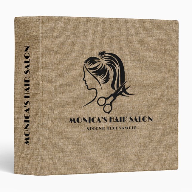 Custom Hair Salon Logo Light Brown Linen Texture 3 Ring Binder (Front/Spine)