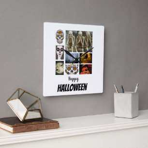 Custom Halloween 8 Photo Collage Square Wall Clock
