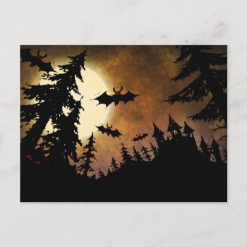 Custom Halloween Bats  Castle And Moon Postcard by StrangeStore at Zazzle