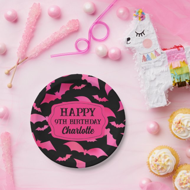 Custom Halloween Birthday Party Black Pink Paper Plates (Party)