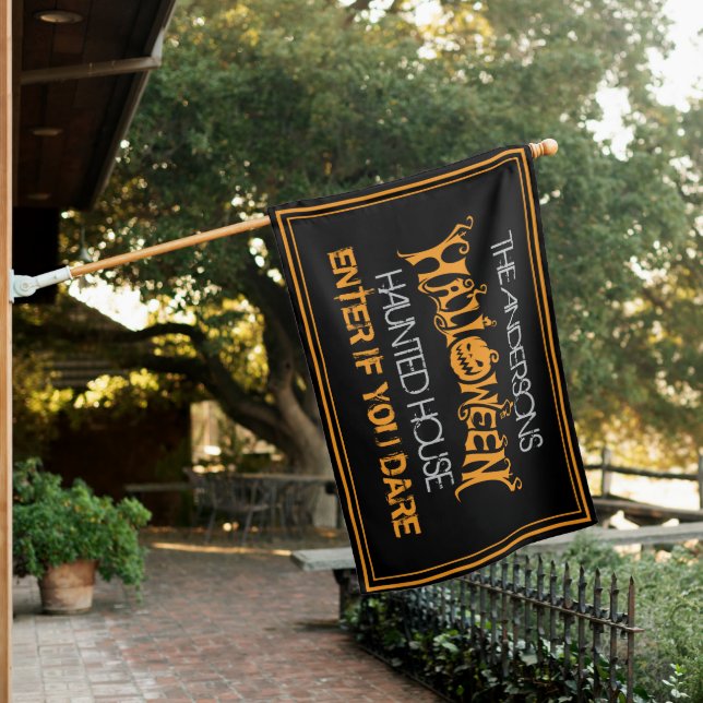 Custom Halloween Black Orange Haunted House Flag (In SItu)