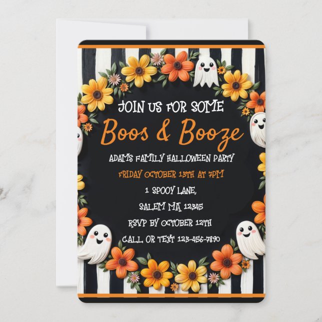 Custom Halloween 'Boos & Booze' Ghost & Floral Invitation (Front)