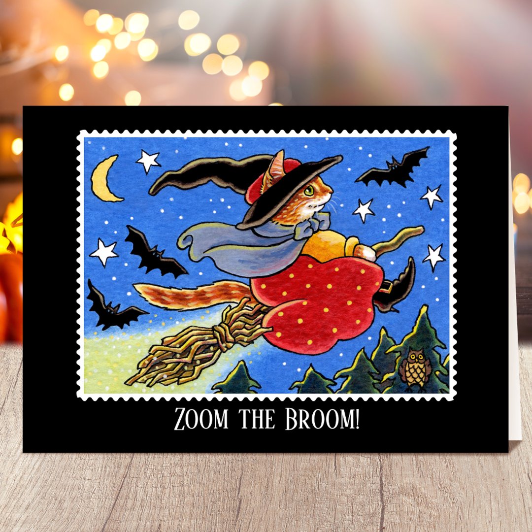 Custom Halloween Cat Witch Broomstick Card