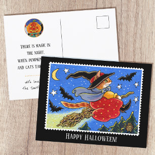 Custom Halloween Cat Witch Broomstick Postcard