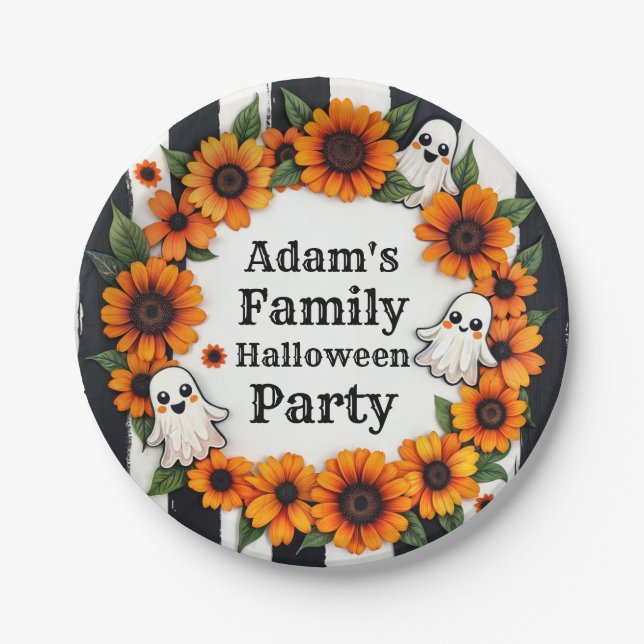 Custom Halloween Party - Personalized Ghost Floral Paper Plates (Front)