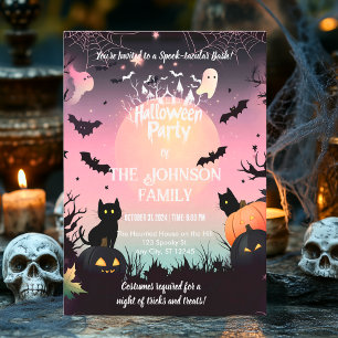 Custom Halloween Party with Black Cats & Pink Moon Invitation