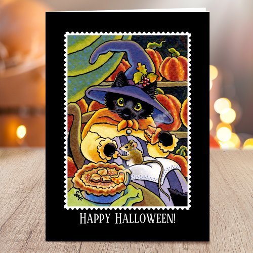 Custom Halloween Pie Witch Black Cat Mouse Card