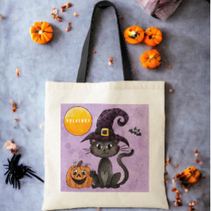 Custom Halloween Trick or Treat Black Cat Pumpkin Tote Bag