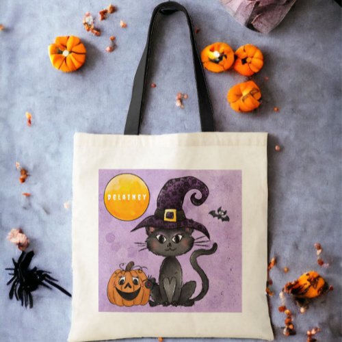 Custom Halloween Trick or Treat Black Cat Pumpkin Tote Bag